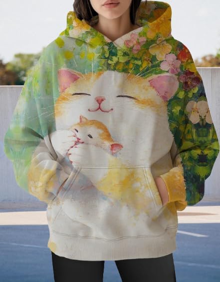 Womens Funny Cat Hoodies Oversized Graphic Hooded Sweatshirt for Women Fall Plus Size Pullover Hoodie Y2K