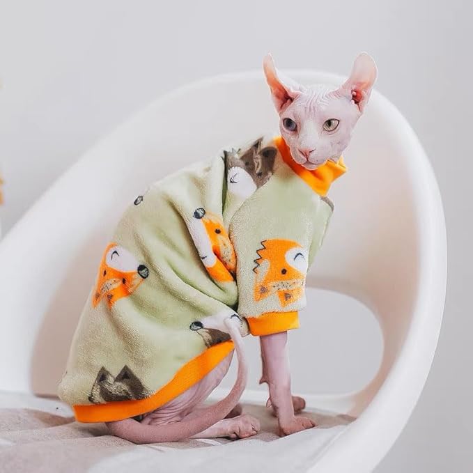 Sphynx Cat Warm Turtleneck Sweater, Thick Soft Double-Sided Fleece Clothes for Cats, Two-Legged Winter Onesie for Cats and Small Dogs,Pjs for Cats and Puppy (Fox, L (5-6.5lbs))