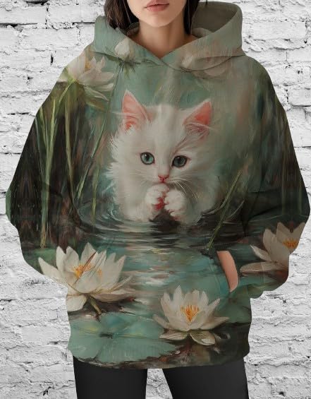 Womens Funny Cat Hoodies Oversized Graphic Hooded Sweatshirt for Women Fall Plus Size Pullover Hoodie Y2K
