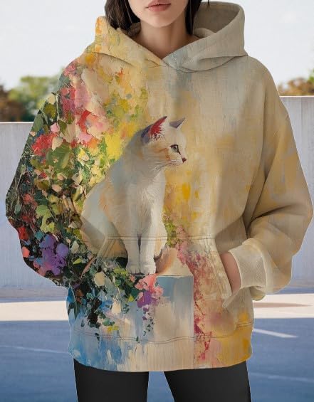 Womens Funny Cat Hoodies Oversized Graphic Hooded Sweatshirt for Women Fall Plus Size Pullover Hoodie Y2K