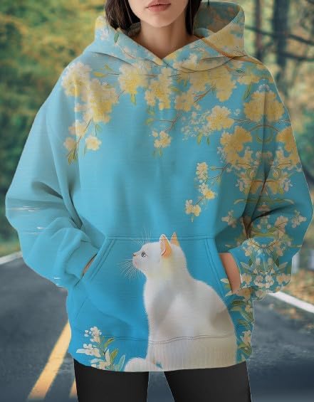 Womens Funny Cat Hoodies Oversized Graphic Hooded Sweatshirt for Women Fall Plus Size Pullover Hoodie Y2K