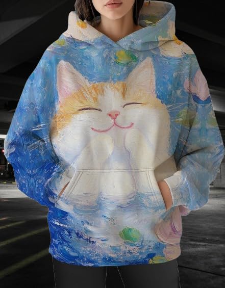 Womens Funny Cat Hoodies Oversized Graphic Hooded Sweatshirt for Women Fall Plus Size Pullover Hoodie Y2K