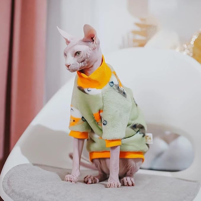 Sphynx Cat Warm Turtleneck Sweater, Thick Soft Double-Sided Fleece Clothes for Cats, Two-Legged Winter Onesie for Cats and Small Dogs,Pjs for Cats and Puppy (Fox, XL (6.5-8.5lbs))