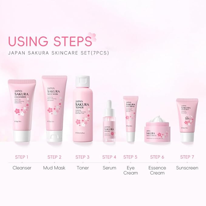 Sakura Skin Care Set, Skincare for Girls 10-12, 7Pcs Skincare Gift Set for Teens Complete Skincare Routine, Travel Size Skincare Set with Mud Mask, Kids Skin Care Set for Girls Ages 8-12