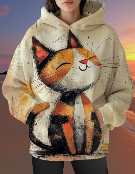 Womens Funny Cat Hoodies Oversized Graphic Hooded Sweatshirt for Women Fall Plus Size Pullover Hoodie Y2K