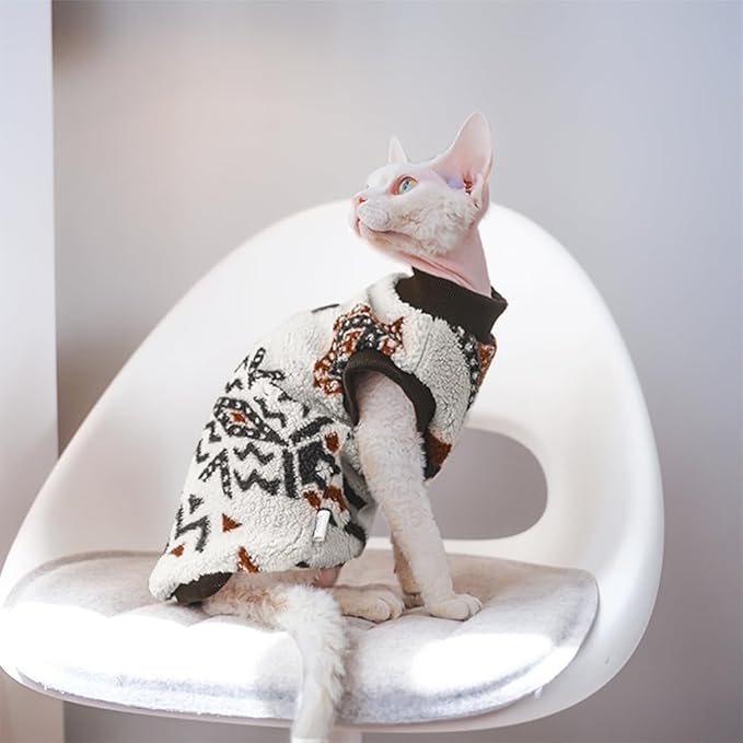 Sphynx Cat Clothes,Boho Style Cat Clothes for Fall Winter, 2-Legged Fleece Lined Warm Shirt, Soft Plush Sweater for Hairless Cats Devon Rex (Beige, X-Large (6.5-8.5 lbs))