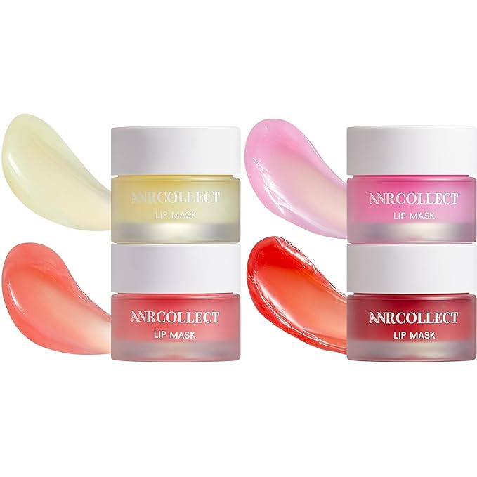 ANRCOLLECT Lip Mask Overnight Set, 4Pcs Lip Care Hydration Treatment Exfoliator Mask Kit, Revives & Nourishes Gift Set for All Day Moisturizing with Collagen & Shea Butter, Valentines Day Gifts
