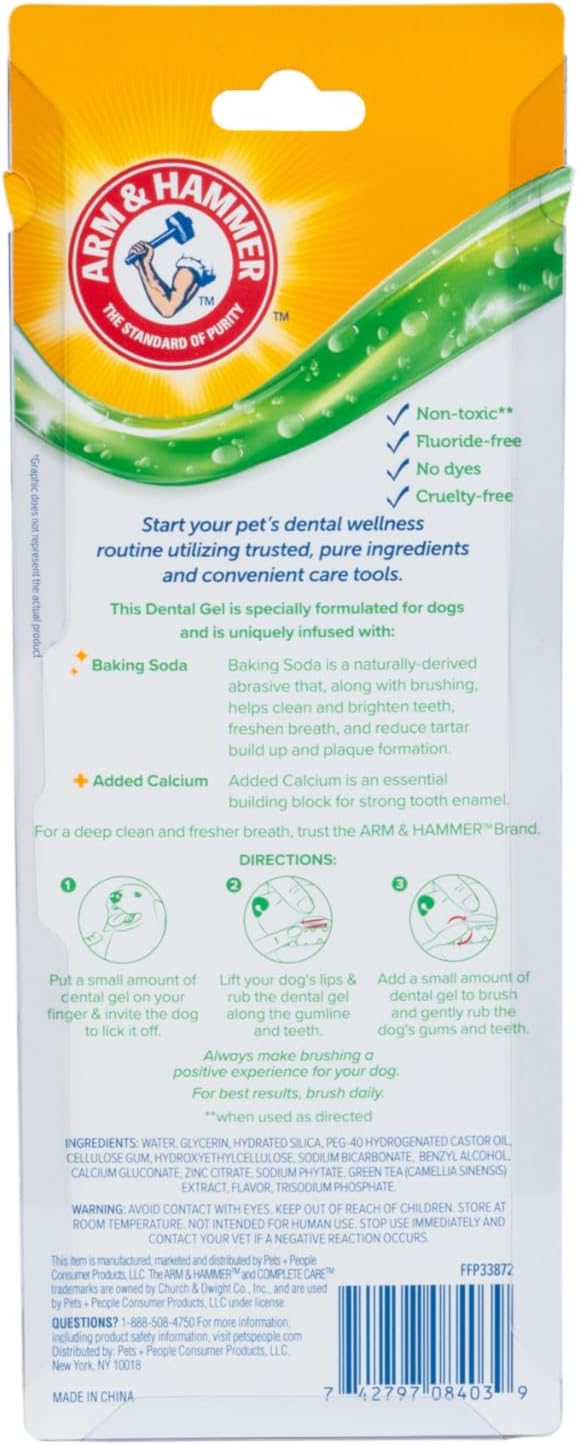 Arm & Hammer Complete Care Dental Gel Dog Toothbrush Kit, Gel Dog Toothpaste, Toothbrush, Finger Brush, Fresh Breath, Tartar Control, Baking Soda Enhanced Pet Dental Supplies, Chicken Flavor, 2.5oz