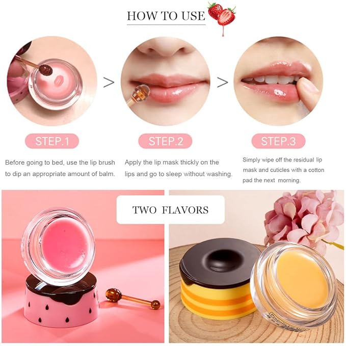 2 Pcs Bee Lip Balm Honey Pot,Galentines & Valentines Day Gifts, Strawberry & Honey Balm Party Favors, Hydrating Prevention Dry Lip Care, Overnight Lip Balm Reduces Lip Lines, Cracked Lips
