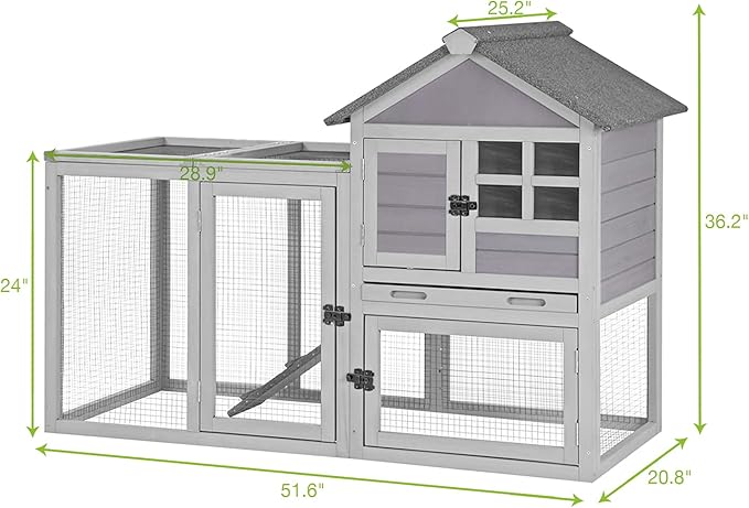 GUTINNEEN Rabbit Hutch Outdoor Rabbit Cage Indoor, 51.6" L Wooden Bunny Cage with No Leakage Pull Out Tray, Guinea Pig Cage for Small to Medium Animals(Gray)