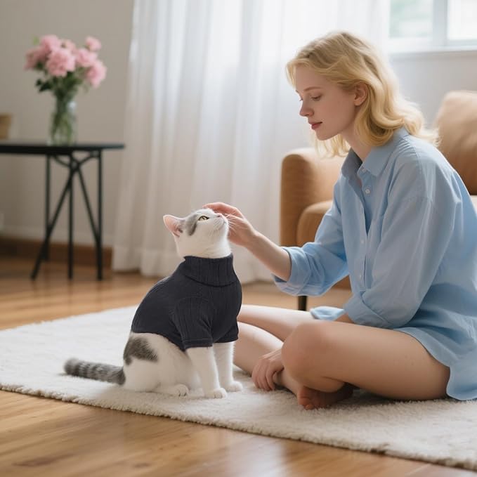 Idepet Sphynx Hairless Cats Sweater Shirt Kitten Soft Puppy Clothes Pullover Cute Cat Pajamas Jumpsuit Cotton Apparel Pet Winter Turtleneck for Cats and Teacup Chihuahua Small Dogs(Black,XS)
