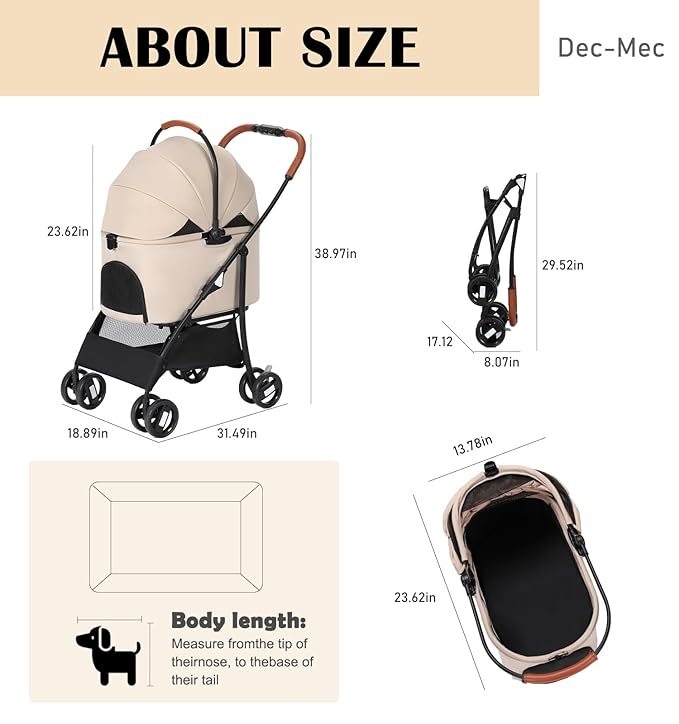 Pet Stroller for Small Medium Dogs Cats Up to 45 lbs with Detachable Pet Carrier. Portable Foldable Dog Stroller with Sunshade and Car Seat Travel, Suitable for All Seasons(Khaki 101K)