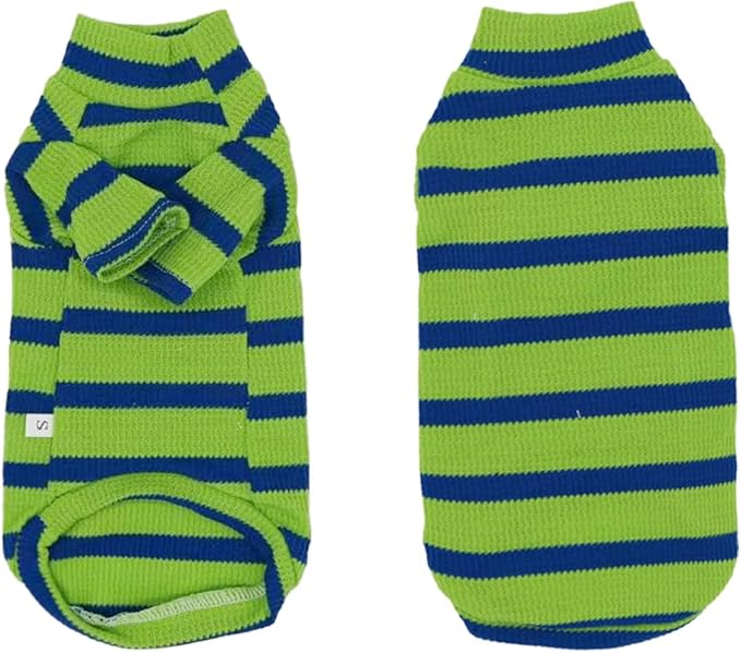 Striped Waffle Knit Shirt for Sphynx Cat, 2-Leg Long Sleeve Lightweight Outfit for Hairless Cats, Soft All-Season Pet Clothes (Green, X-Large (7-9.5 lbs))
