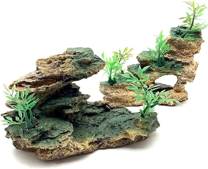 IBWell Aquarium Ornament, Mountain View Stone with Moss Tree Rock Cave Landscape Artificial Fish Tank Decoration