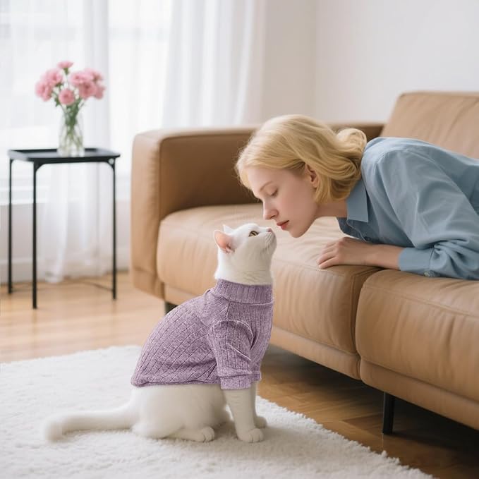 Idepet Sphynx Hairless Cats Sweater Shirt Kitten Soft Puppy Clothes Pullover Cute Cat Pajamas Jumpsuit Cotton Apparel Pet Winter Turtleneck for Cats and Teacup Chihuahua Small Dogs(Purple,XL)