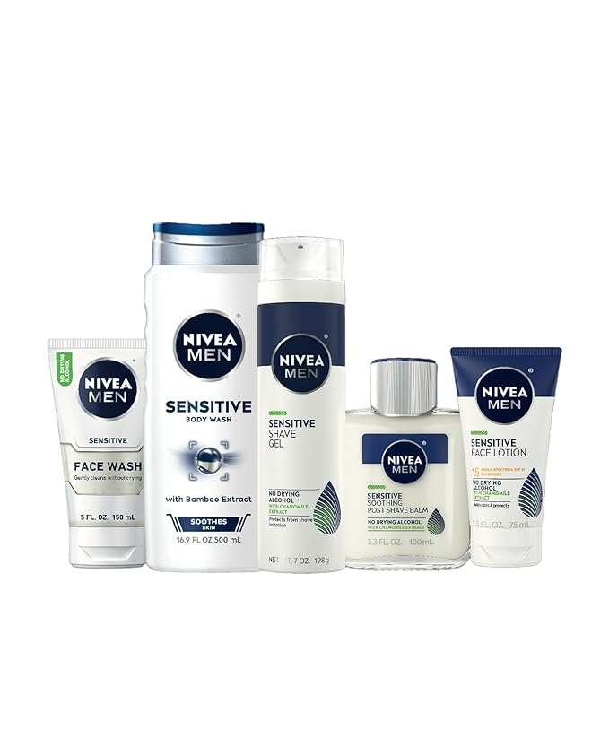 NIVEA MEN Sensitive Skin Care Set for Men, Face Wash, 5 Fl Oz + Body Wash, 16.9 Fl Oz + Shave Gel, 7 Oz + Soothing Post Shave Balm, 3.3 Fl Oz + Face Lotion SPF 15, 2.5 Fl Oz
