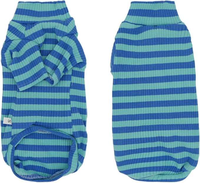 Striped Waffle Knit Shirt for Sphynx Cat, 2-Leg Long Sleeve Lightweight Outfit for Hairless Cats, Soft All-Season Pet Clothes (Blue, Small (2.5-3.5lbs))