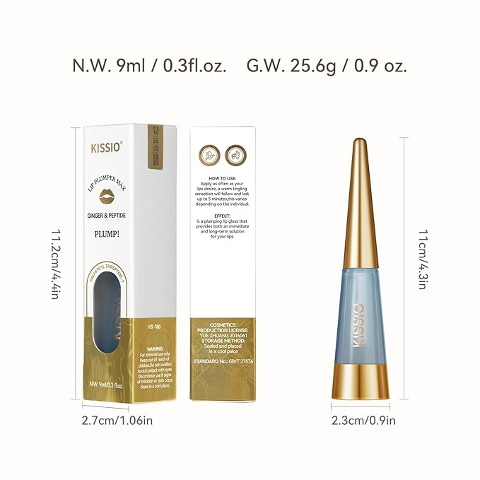 KISSIO PLUMP Lip Plumper,0.3 fl oz (9 ml),Maximum Plump with Ginger and Peptides,Extreme Lip Plumper,Hydrating and Plumping,Lips Lines Care,Lips Gloss,Expert