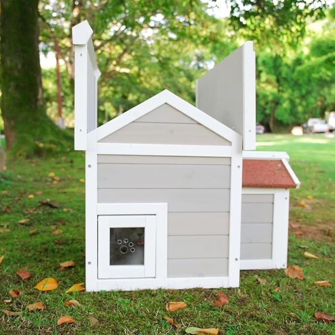 Feral Cat House for Outdoor Cat Enclosure Winter Double Rooms Weatherproof with Openable Roof
