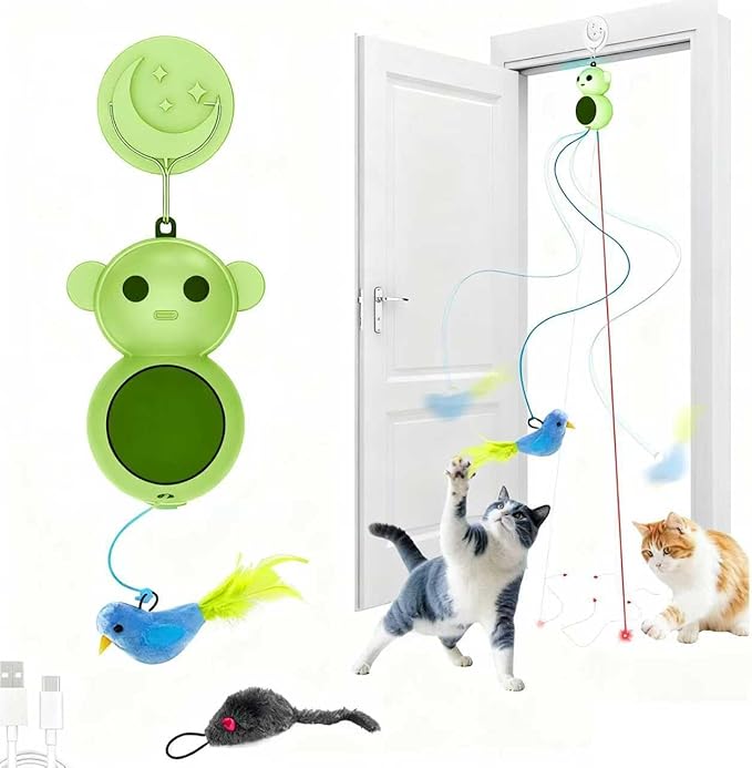 Interactive Cat Toys for Indoor Cats - 2 in 1 Automatic Cat Toy with Flying Bird,Smart Moving Wand Toy with 2 Modes, Auto On/Off Hanging Safe Toys for Bored Kitten & Adult Cats (Green)
