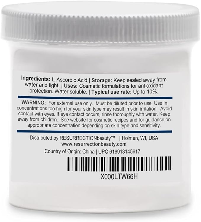 100% Pure L-Ascorbic Acid (Cosmetic Vitamin C Powder for Face) to Make Your Own Premium Beauty Serum, Skincare Mask Treatment, Hyaluronic Serums with Vit C & DIY Facial Skin Care Products 6 OZ