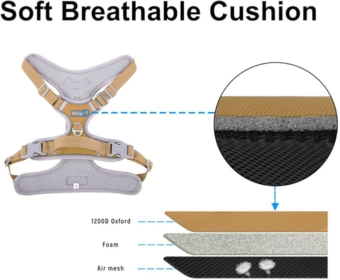 Adjustable Dog Harness - No Pull, Reflective, Soft Padded for Small, Medium, Large Dogs - Includes Leash and Collar Beige XS
