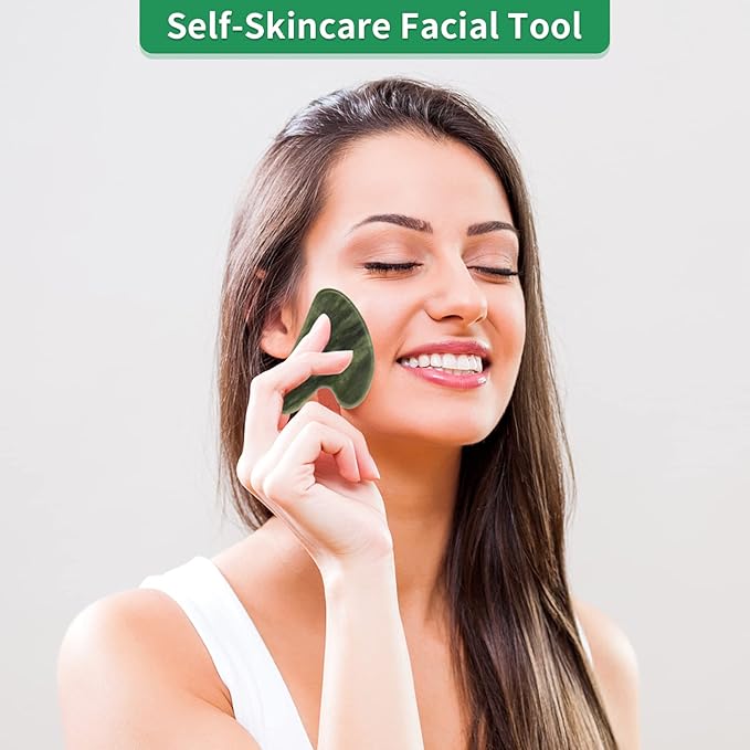 Gua Sha Facial Tools, Natural Jade Guasha Tool for Face,Double Chin & Jawline, Jade Gua Sha Stone Self-Skin Care Face Stone Gua Sha tools for Women Guasha Stone, Dark Green