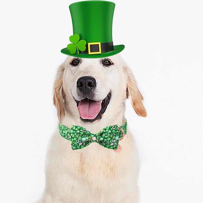 St. Patrick's Day Dog Collar with Bow Tie, Spring Shamrock Bowtie Collar for Girl Boy Dog, Lucky Clover Dogs Collars with Metal Buckle, Green Collars for Dogs, XS, Neck 8-12in