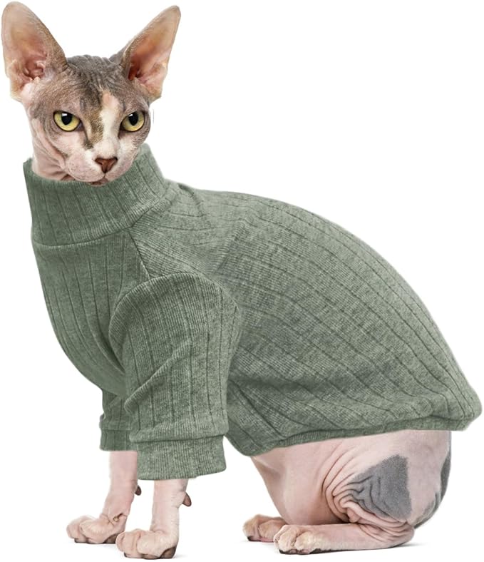 Idepet Sphynx Hairless Cats Sweater Shirt Kitten Soft Puppy Clothes Pullover Cute Cat Pajamas Jumpsuit Cotton Apparel Pet Winter Turtleneck for Cats and Teacup Chihuahua Small Dogs(Green,XXL)