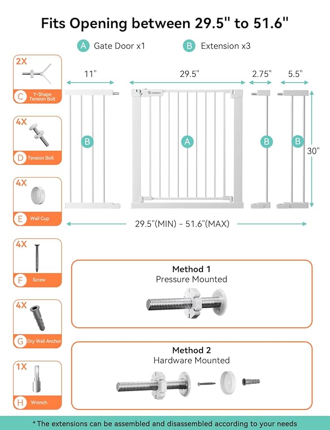 COMOMY 30" Tall Baby Gate for Stairs Doorways, Fits Openings 29.5" to 51.6" Wide, Auto Close Extra Wide Dog Gate for House, Pressure Mounted Easy Walk Through Pet Gate with Door, White