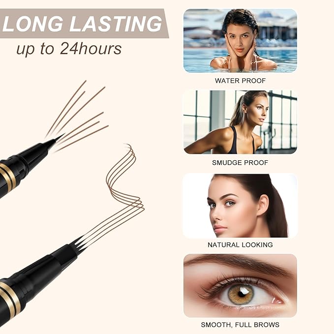 Eyebrow Pen Makeup Kit - 4 Tip Waterproof Microblading Pencil, Eyeliner, Pomade and Dual-ended Brush - Natural Looking Brow Kit - Soft Brown