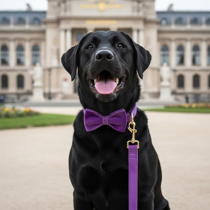 PETDURO Personalized Dog Collar Purple Soft Velvet for Large Medium Small Girl Dogs - Custom Collar with Name Phone Number Engraved on Gold Metal Buckle - Add Matching Leash Bow Set via Customize Now