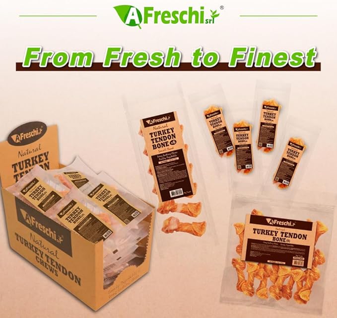 A Freschi srl Turkey Tendons for Dogs, USA-Sourced, Healthy Dog Treats, Rawhide-Free Puppy Chews, Long Lasting, All Natural, Hypoallergenic Dog Treats for Small Breeds, 6 Count Pack Bone (S)