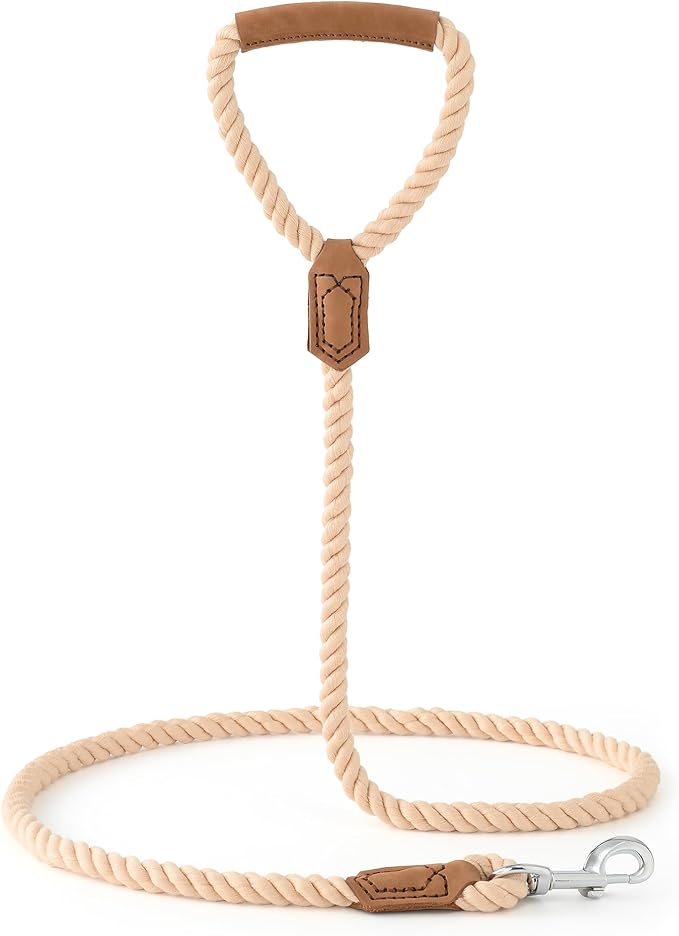 Mile High Life Dog Leash, Braided Cotton Rope Leashes with Leather Handle - Heavy Duty Metal Clasp, 4FT, 1/2" Thick - Wedding, Walking & Training Leash for Small Medium Large Dogs (Light Brown)