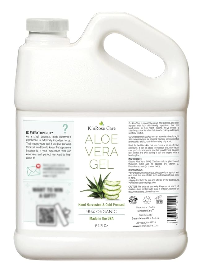 Organic Aloe Vera Gel Bulk - Half Gallon - for Face, Skin, Hair & Sunburn Relief From 100 Percent Pure Aloe Vera - Cold Pressed, Vegan, Unscented - Made in USA (64 Fl Oz)