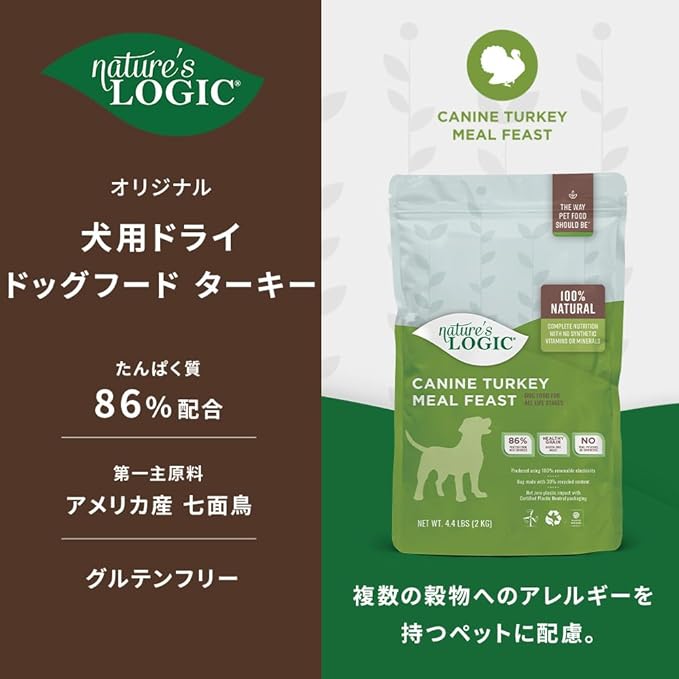 NATURE'S LOGIC Dry Dog Food - 100% Natural - No Synthetics - for All Ages, Sizes, Breeds - Free from Common Allergens, High Protein - Turkey Meal Feast, 4.4lbs