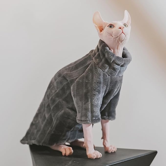 Turtleneck Sweater for Sphynx Cat Soft Coral Fleece Cat Clothes Thick Winter Warm Outfit Coat for Hairless Cats and Small Dogs Apparel with Sleeves (Grey, L (7-8.5 lbs))