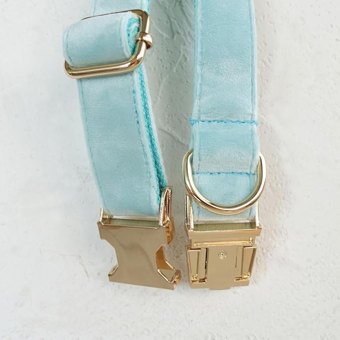 PETDURO Personalized Dog Collar Mint Blue Soft Velvet for Large Medium Small Boy Girl Dogs - Custom Collar with Name Phone Number Engraved on Gold Metal Buckle - Add Leash Bow Set via Customize Now