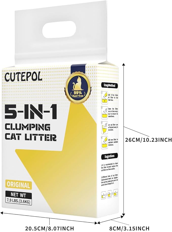 Mixed 5-in-1 Clumping Cat Litter 15.8 lb, Odor Control and Rapid Clumping, Water Absorbent and Flushable, Dust-Free, Multi-Cat, Bentonite Tofu Cat Litter, Original, 7.9lb/Bag