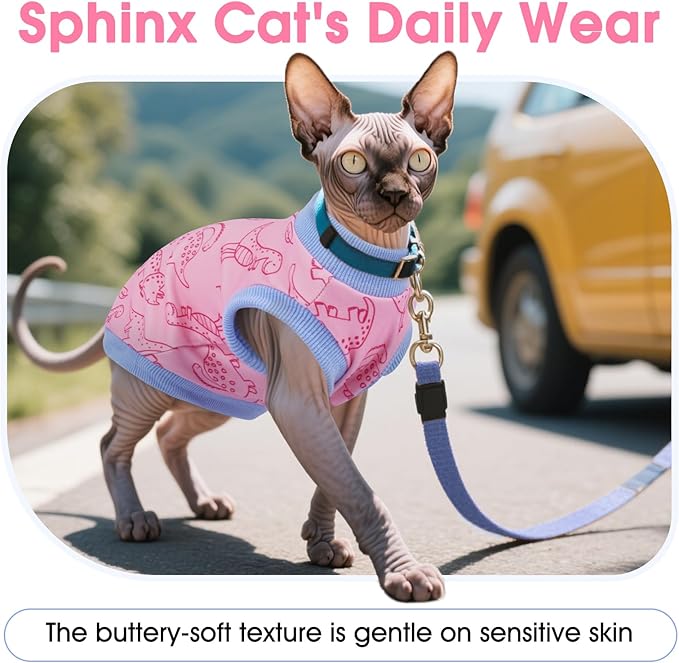 DENTRUN Sleeveless Cat Vest with Dinosaur Print, Breathable Ultra-Soft Dralon Fleece Cat Sweater, All-Season Pet Costume Apparel for Cats, Kitten Clothing for Indoor/Outdoor, Pink, XXL