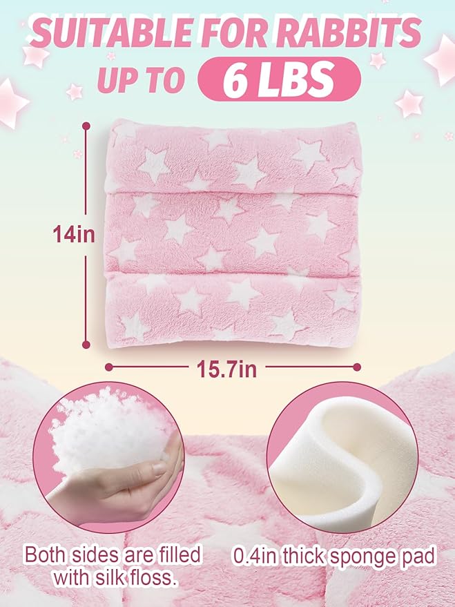 MEWTOGO 15.7" x 14" Bunny Bed for Rabbit Cage - Thickened Soft Prevent Sore Hocks Plush Mat with Cotton Lounger Pillows, Small Animal Flop Mat for Hutch Sleeping Indoor, Pink-Star