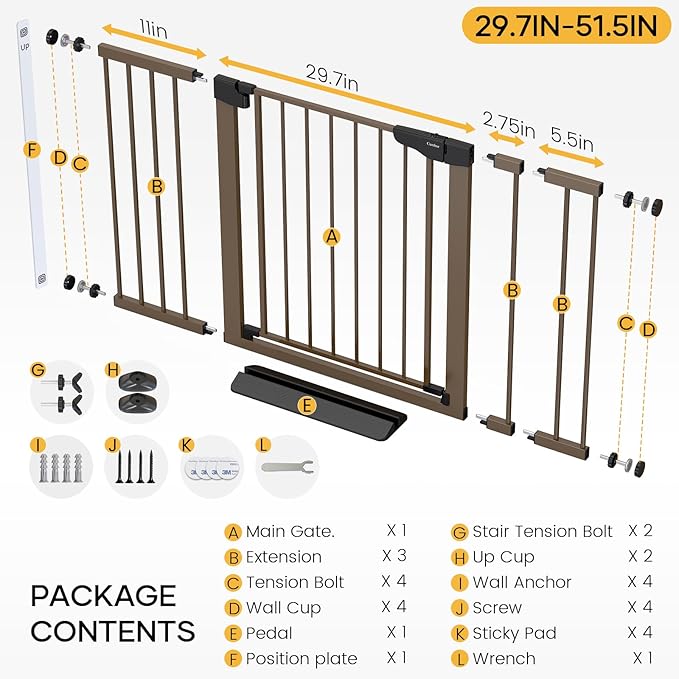 Cumbor 2 Pack 29.7"-51.5" Extra Wide Baby Gate for Stairs, Mom's Choice Awards Winner-Dog Gates for Doorways, Pressure Mounted Walk Through Pet Gate Indoor, Safety Auto-Close Child Gate for Kid,Brown