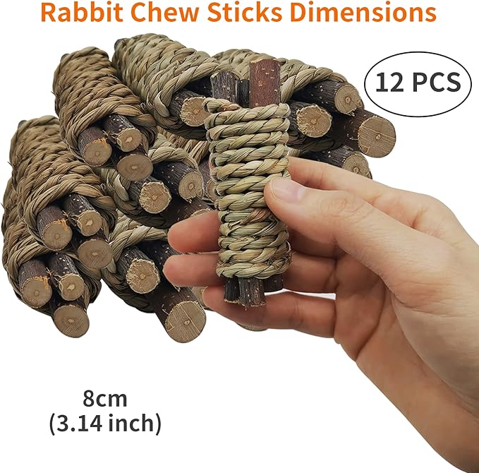 Fhiny 12 PCS Guinea Pigs Chew Toys, Natural Apple Branch Seagrass Molar Sticks for Teeth Bunny Chew Toys Cage Accessories for Guinea Pigs Rabbit Bunny Hamster Chinchilla