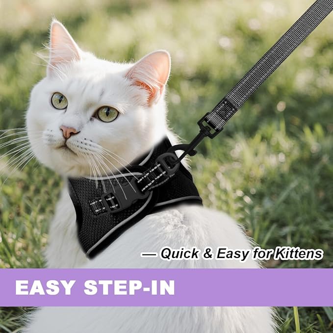Cat Harness and Leash Set,Escape Proof Kitten Harness,Step in Adjustable Soft Lightweight,Easy Control,Reflective Strips Comfortable for Walking Travel(Black,XXS)