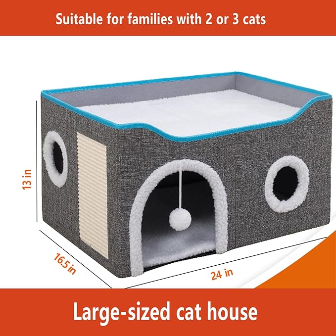 Foldable cat Bed, Cat Beds for Indoor Cats, Large Cat Cave for Pet Cat House with Fluffy Ball Hanging and Scratch Pad, Providing Entertainment for Cats (Grey, Double)