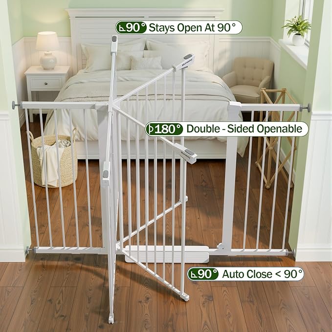 Mumeasy 36" Extra Tall Baby Gate for Doorways, 29.7"-57" Extra Wide Dog Gate for Stairs, Pressure Mounted Auto Close Pet Safety Gate with Easy Walk Thru Door, Large Indoor Child Gate for House, White