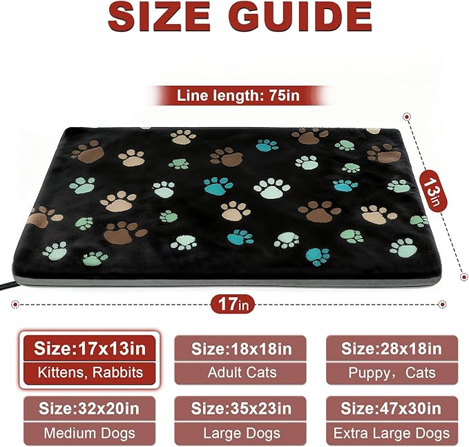 Cat Heating Pad 17x13 in with Smart Thermostat Switch and Power Line Protection Tube,Obtained MET and UL Dual Certification,Waterproof Pet Heating Pad for Cats-Black