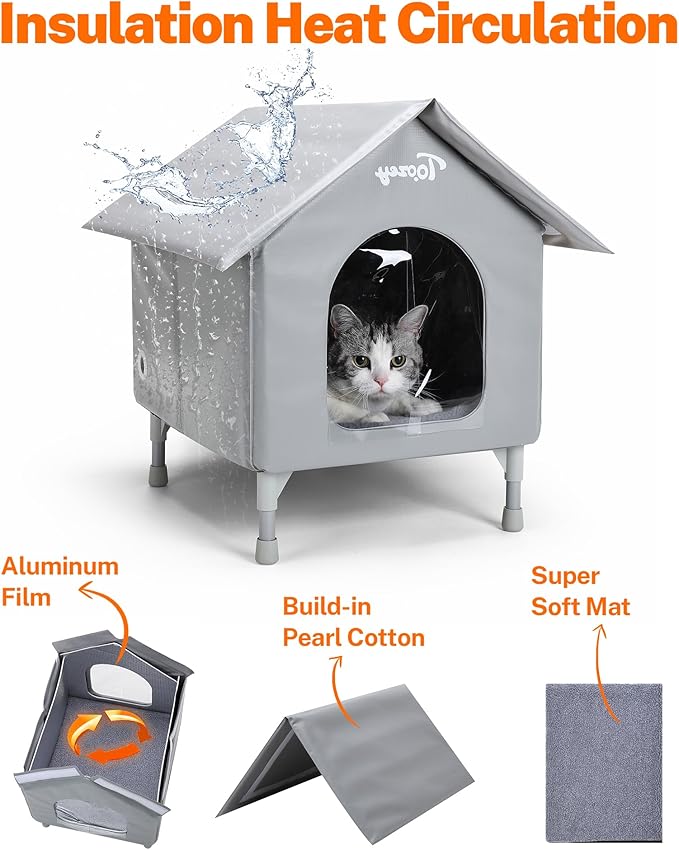 Toozey Outdoor Cat House, Waterproof Cat Shelter Extra with Heating Pad for Stray/Barn Cats, Elevated Feral Cats House with Inside Insulated Aluminum Sunburn Protection