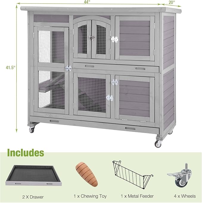 GUTINNEEN Rabbit Hutch Indoor Outdoor Bunny House Guinea Pig Cage on Wheel with Plastic Tray