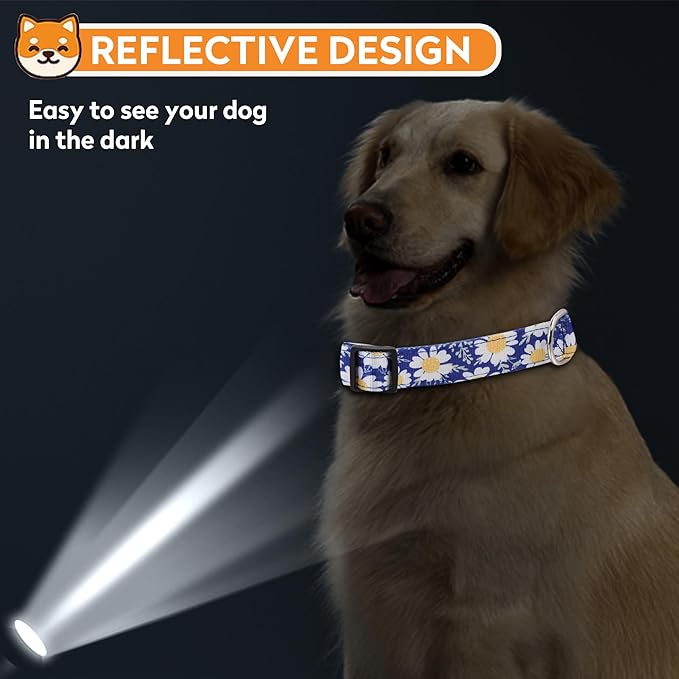 Reflective Dog Collar, Adjustable Soft Neoprene Padded Nylon Pet Collars with Buckle for Puppy and Small Dogs, Cats, Small Daisies Blue,S